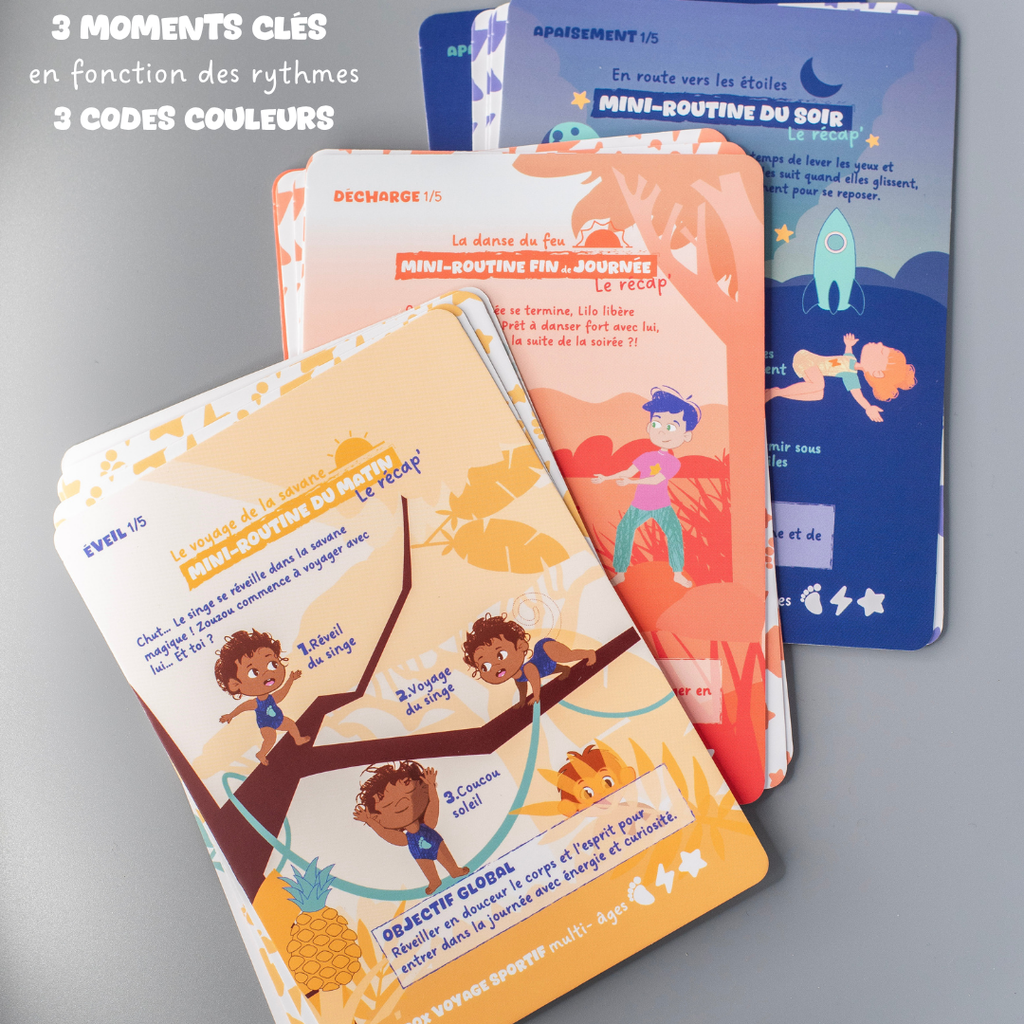 Cartes routines sportives enfant Tribu Minute’Mouv organisées en 3 moments clés avec codes couleurs pour activité physique sans écran 2--3-4-5-6-7-8 ans
