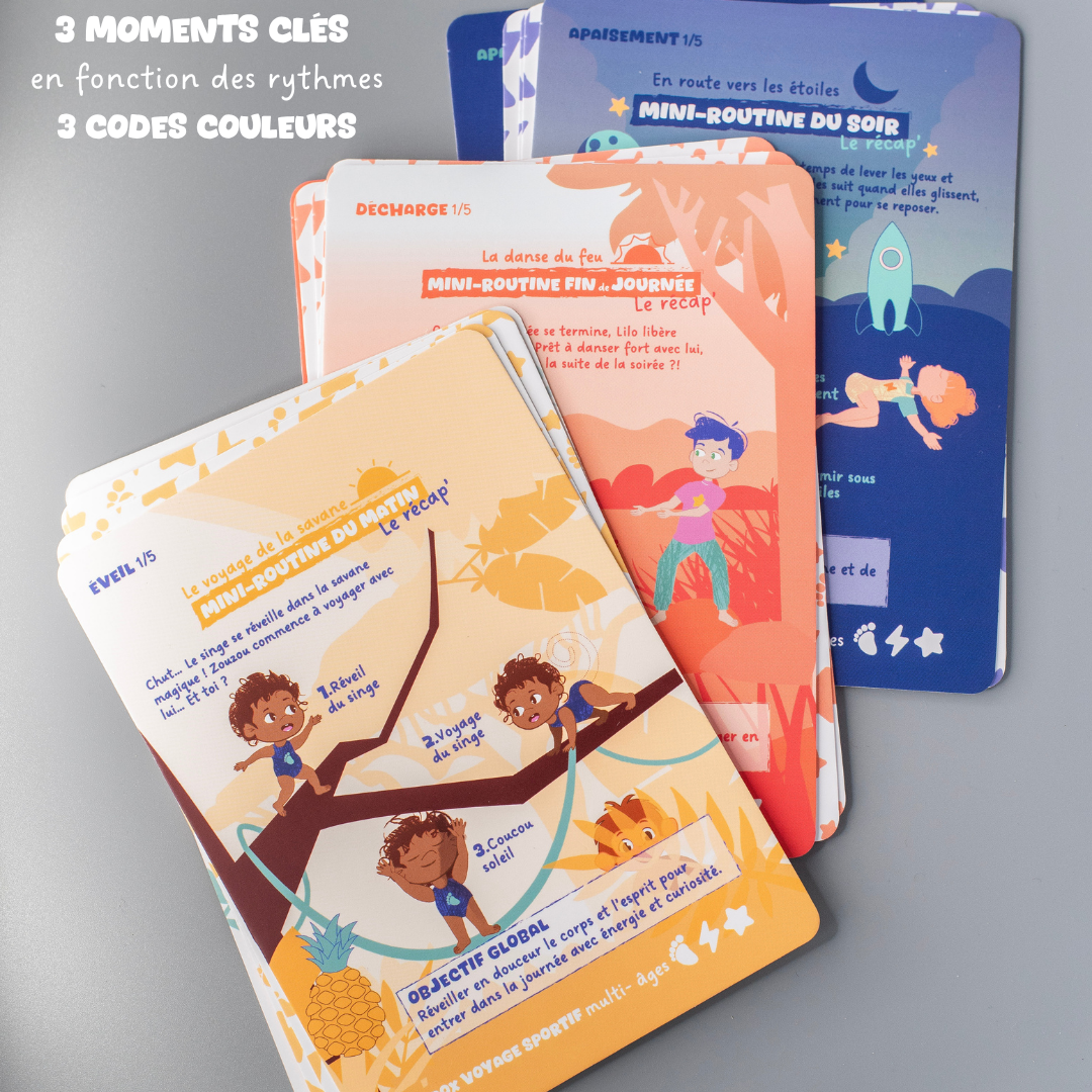 Cartes routines sportives enfant Tribu Minute’Mouv organisées en 3 moments clés avec codes couleurs pour activité physique sans écran 2--3-4-5-6-7-8 ans