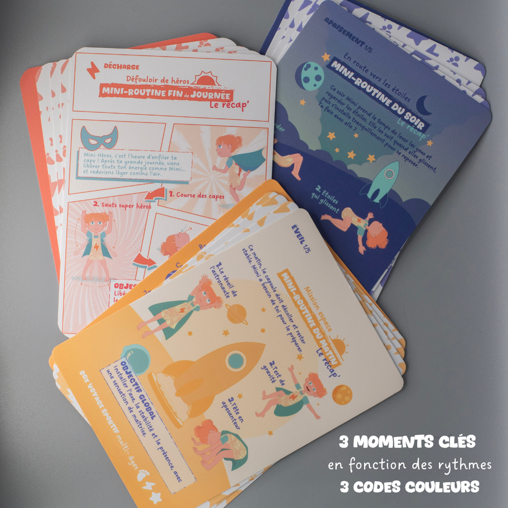 Cartes routines sportives enfant Tribu Minute’Mouv organisées en 3 moments clés avec codes couleurs pour activité physique sans écran 4-5 ans