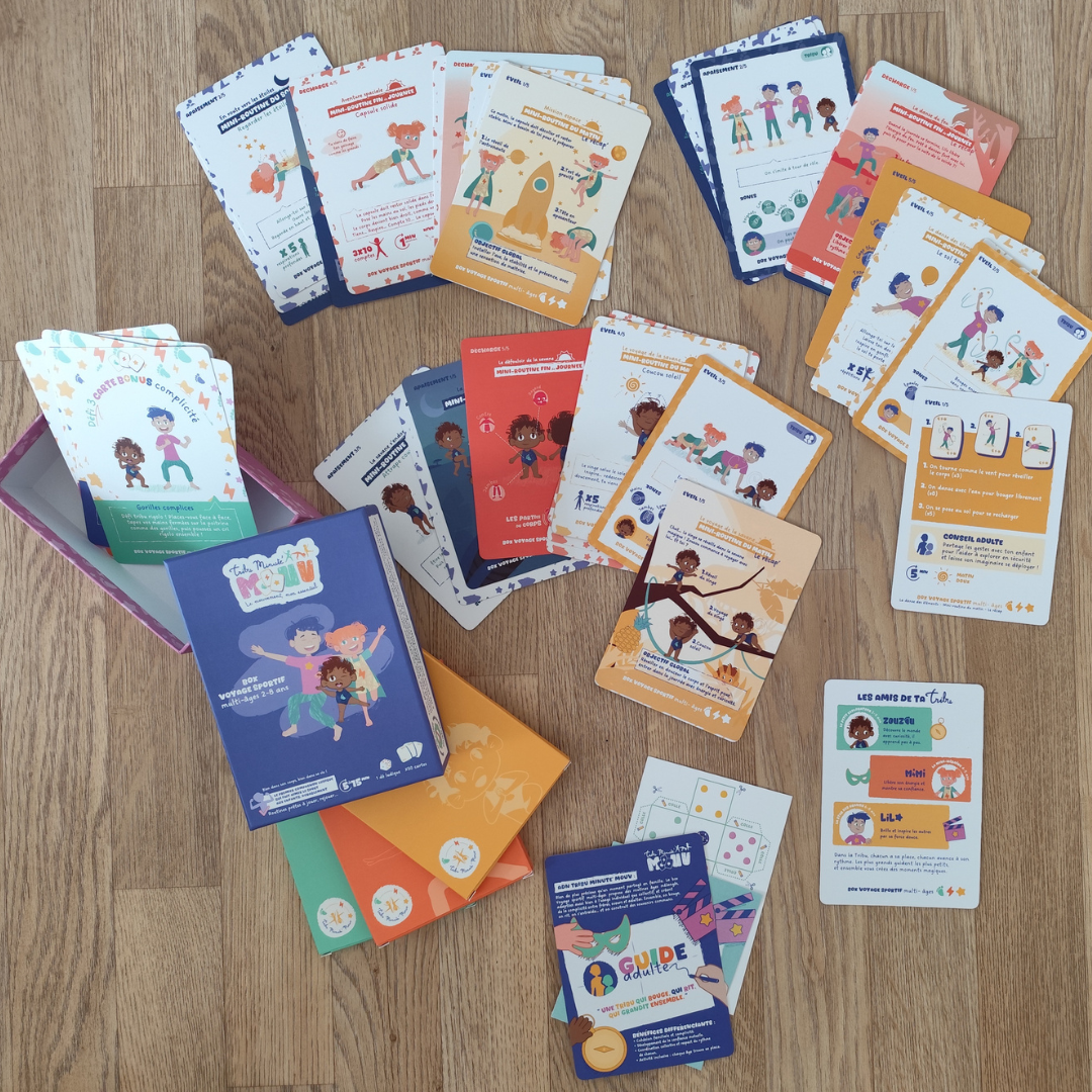 Contenu complet box Tribu Minute’Mouv 2-8 ans avec cartes de routines sportives enfants, guide parent et accessoires pour activité sans écran en famille