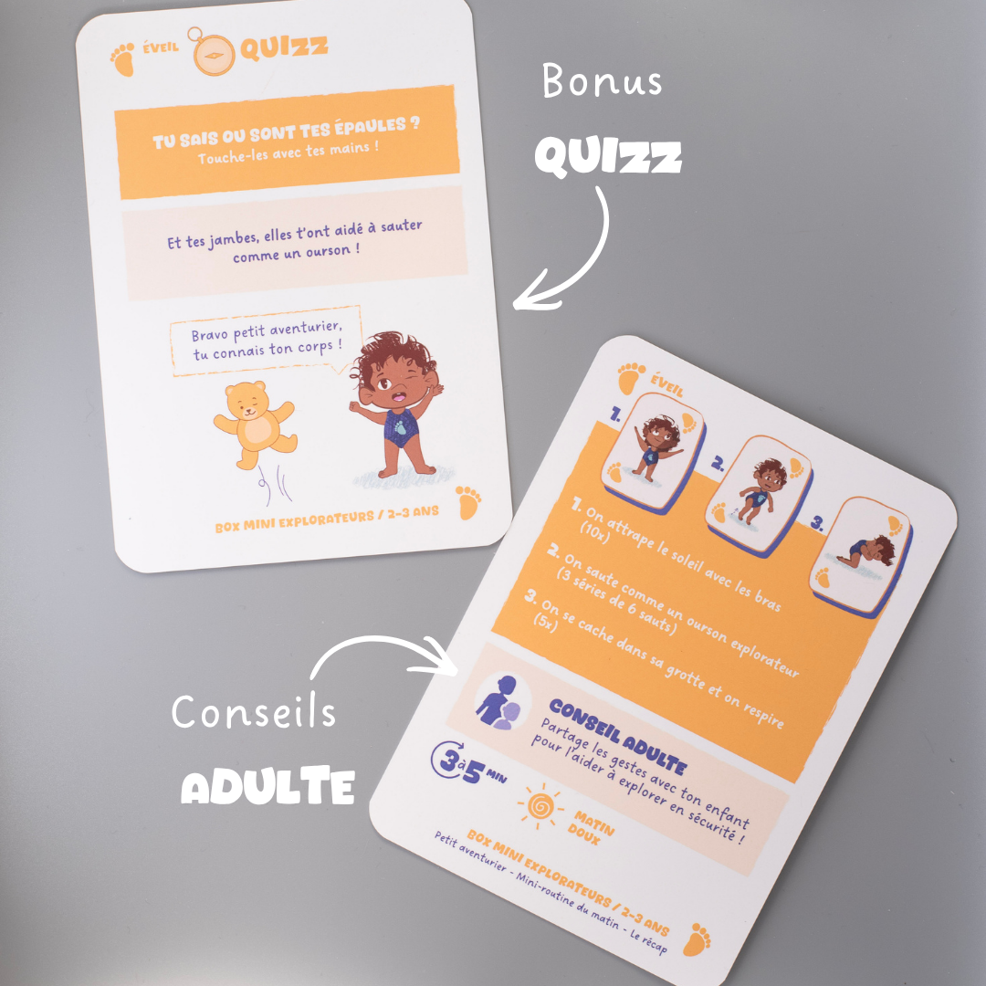 Carte quizz enfant Tribu Minute’Mouv avec conseils parent activité physique sans écran 2-3 ans pour apprendre en bougeant en famille