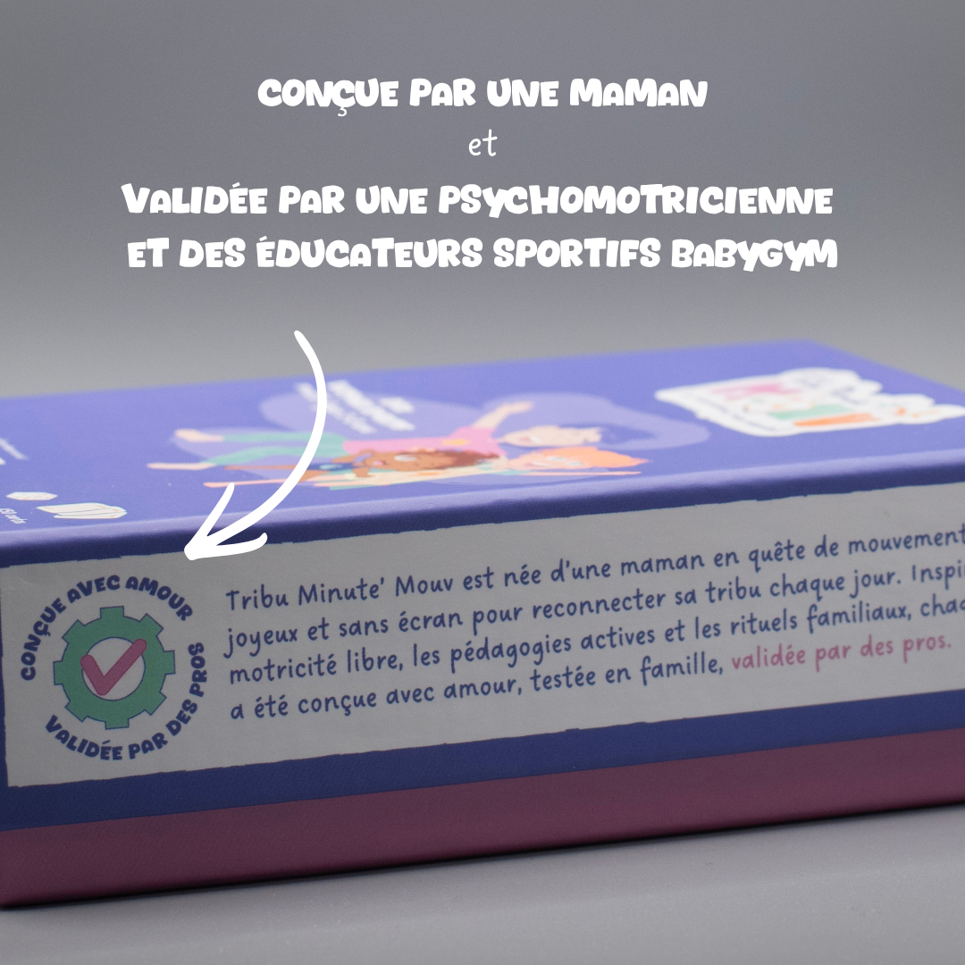 Jeu enfant sans écran conçu par une maman validé par psychomotricienne et éducateurs sportifs Tribu Minute’Mouv sport ludique innovant