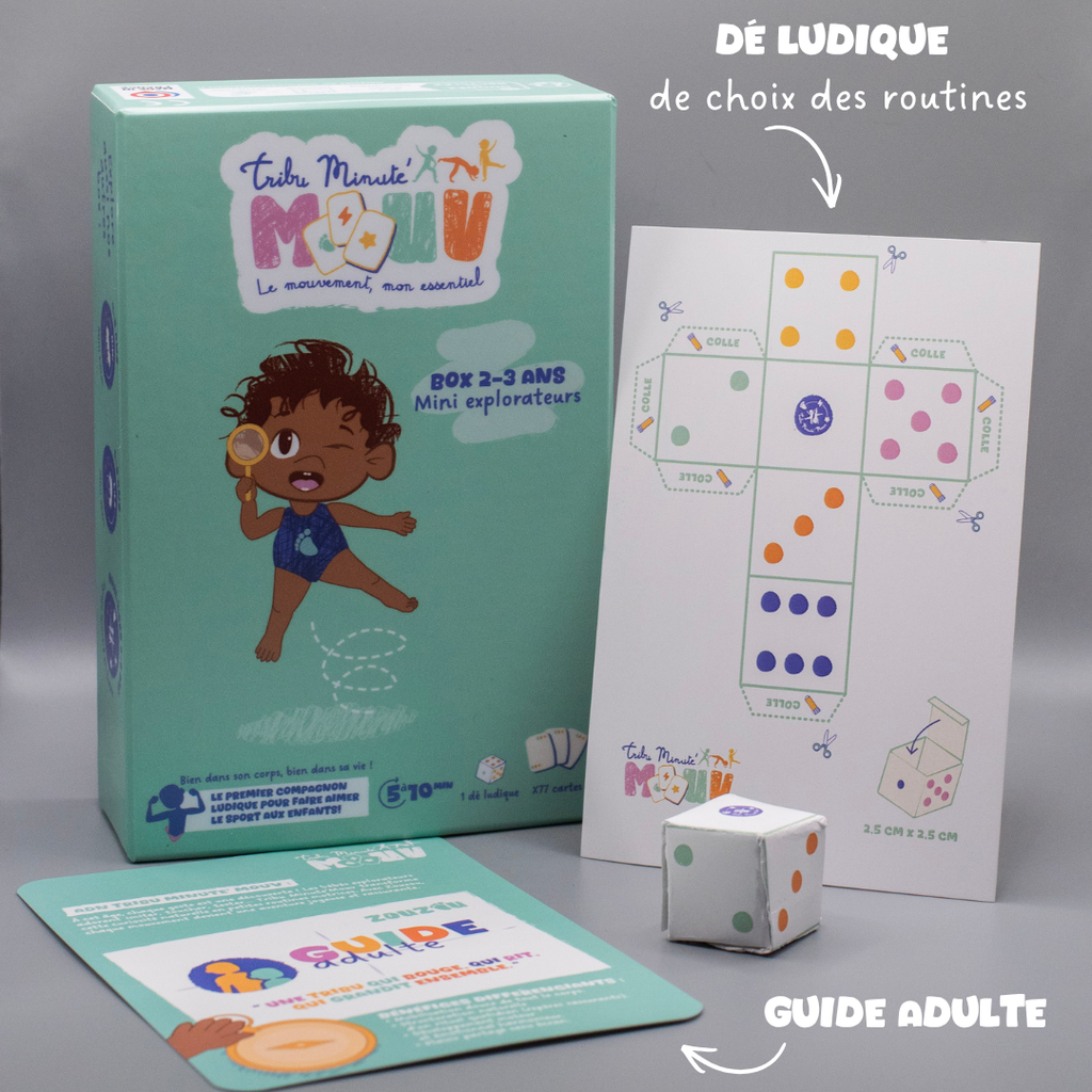 Box Tribu Minute’Mouv 2-3 ans : jeu sans écran avec cartes de routines sportives enfant, dé ludique et guide parent pour activité physique en famille