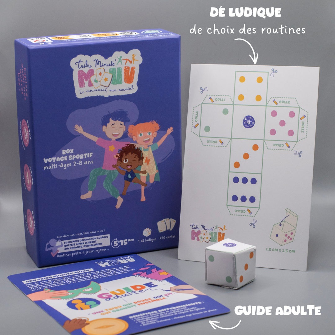 Box Tribu Minute’Mouv multi-âges 2-8 ans : jeu sans écran avec cartes de routines sportives enfant, dé ludique et guide parent pour activité physique en famille