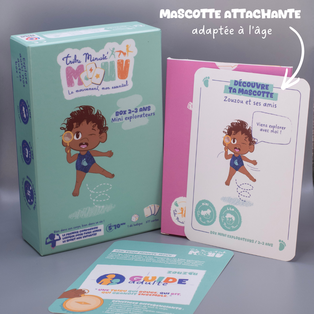 Box Tribu Minute’Mouv 2-3 ans avec mascottes ludiques adaptées à l’âge pour routines sportives enfant sans écran en famille et en collectivité