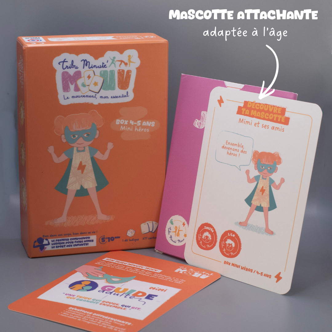 Box Tribu Minute’Mouv 4-5 ans avec mascottes ludiques adaptées à l’âge pour routines sportives enfant sans écran en famille et en collectivité