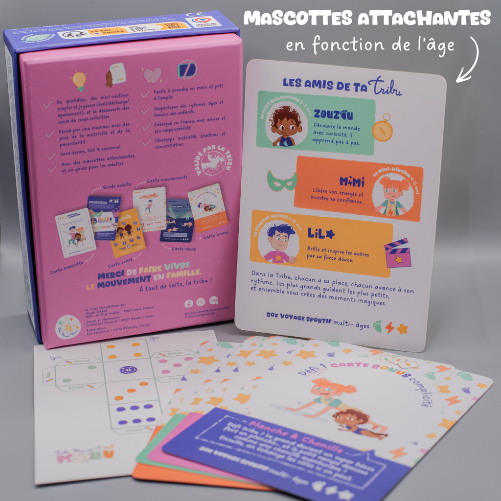 Box Tribu Minute’Mouv 2-8 ans avec mascottes ludiques adaptées à l’âge pour routines sportives enfant sans écran en famille et en collectivité complicité