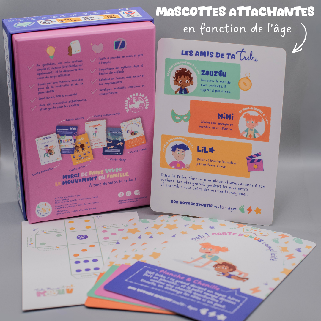Box Tribu Minute’Mouv 2-8 ans avec mascottes ludiques adaptées à l’âge pour routines sportives enfant sans écran en famille et en collectivité complicité