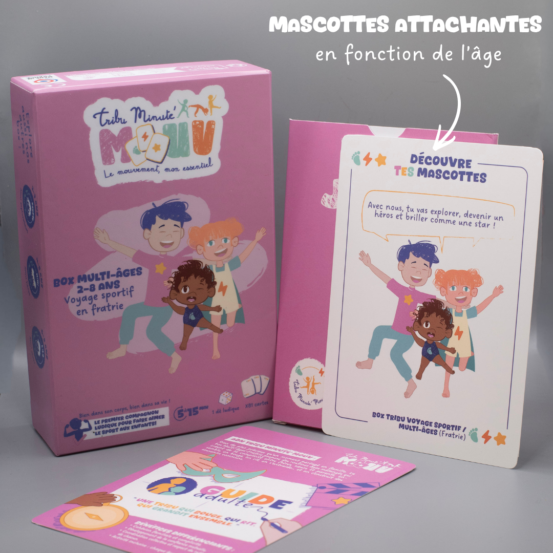 Box Tribu Minute’Mouv 2-8 ans avec mascottes ludiques adaptées à l’âge pour routines sportives enfant sans écran en famille et en collectivité