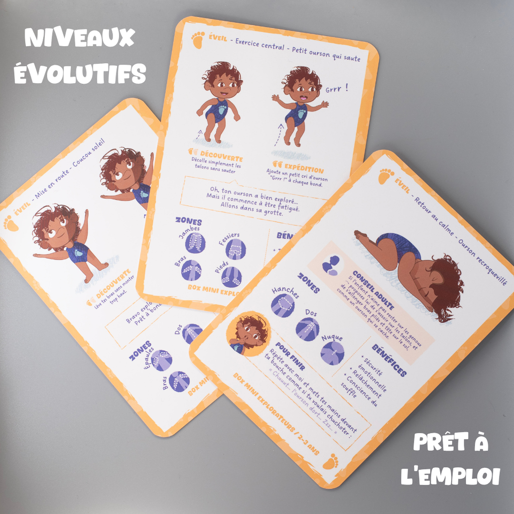 Cartes routines sportives enfant Tribu Minute’Mouv avec niveaux évolutifs prêtes à l’emploi pour activité physique sans écran 2-3 ans
