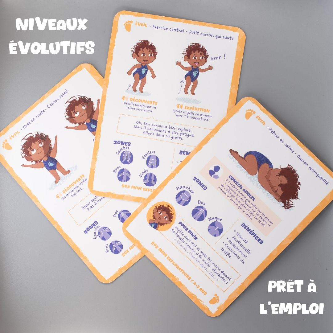 Cartes routines sportives enfant Tribu Minute’Mouv avec niveaux évolutifs prêtes à l’emploi pour activité physique sans écran 2-3 ans