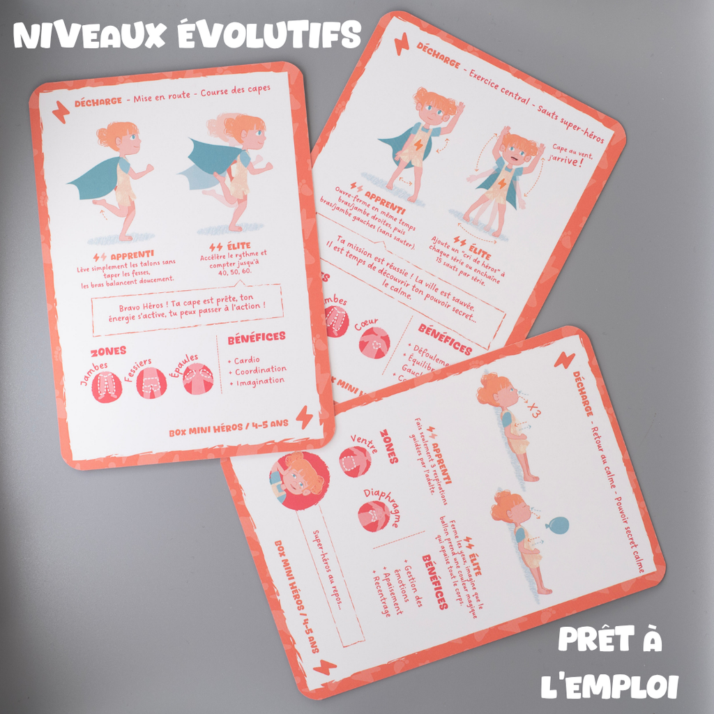 Cartes routines sportives enfant Tribu Minute’Mouv avec niveaux évolutifs prêtes à l’emploi pour activité physique sans écran 4-5 ans