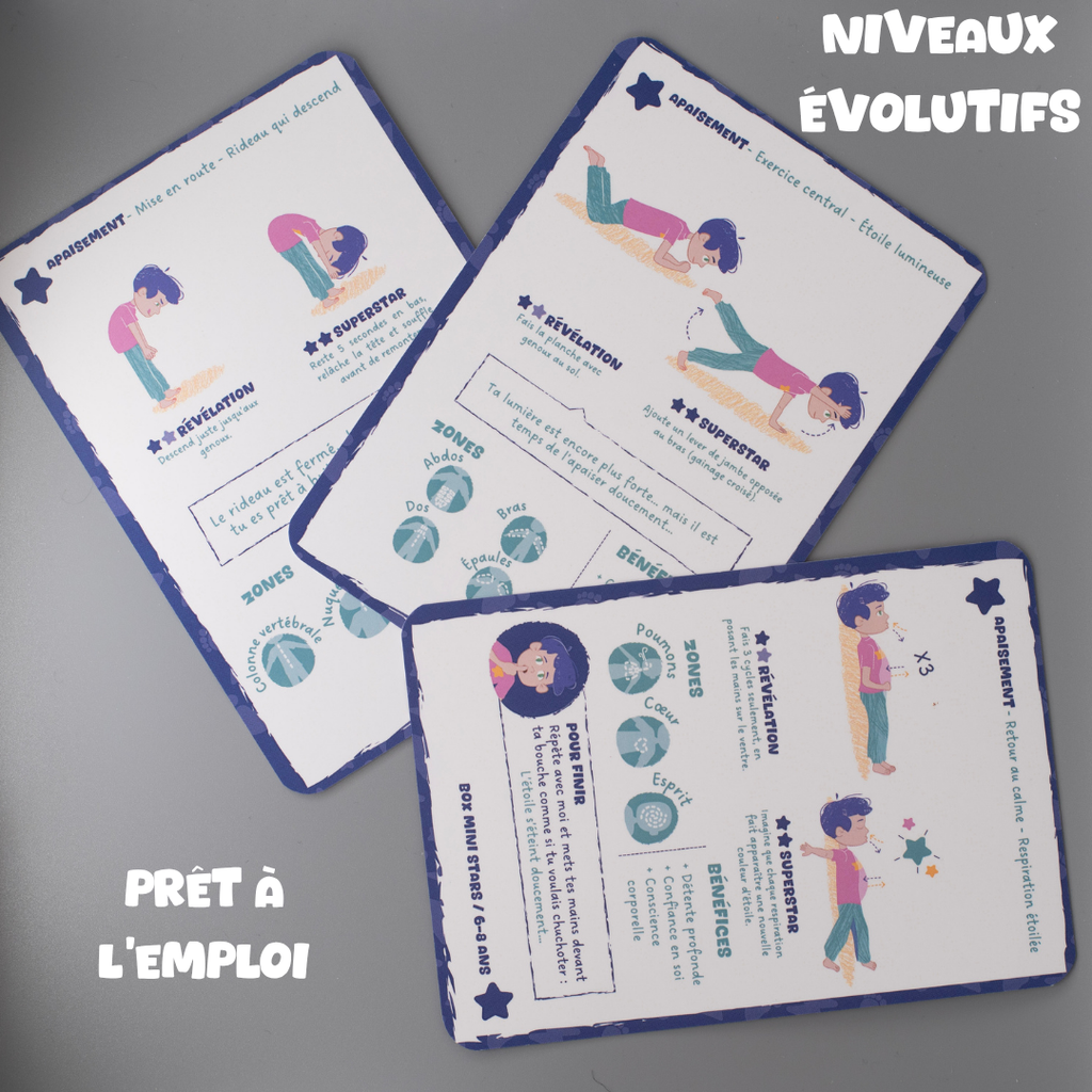 Cartes routines sportives enfant Tribu Minute’Mouv avec niveaux évolutifs prêtes à l’emploi pour activité physique sans écran 6-7-8 ans