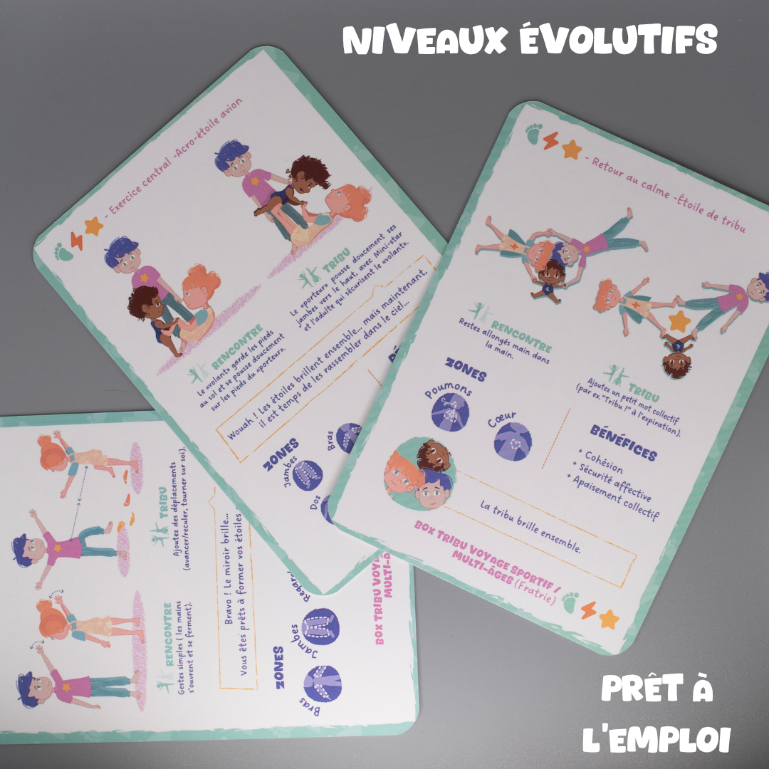 Cartes routines sportives enfant Tribu Minute’Mouv avec niveaux évolutifs prêtes à l’emploi pour activité physique sans écran 2-8 ans