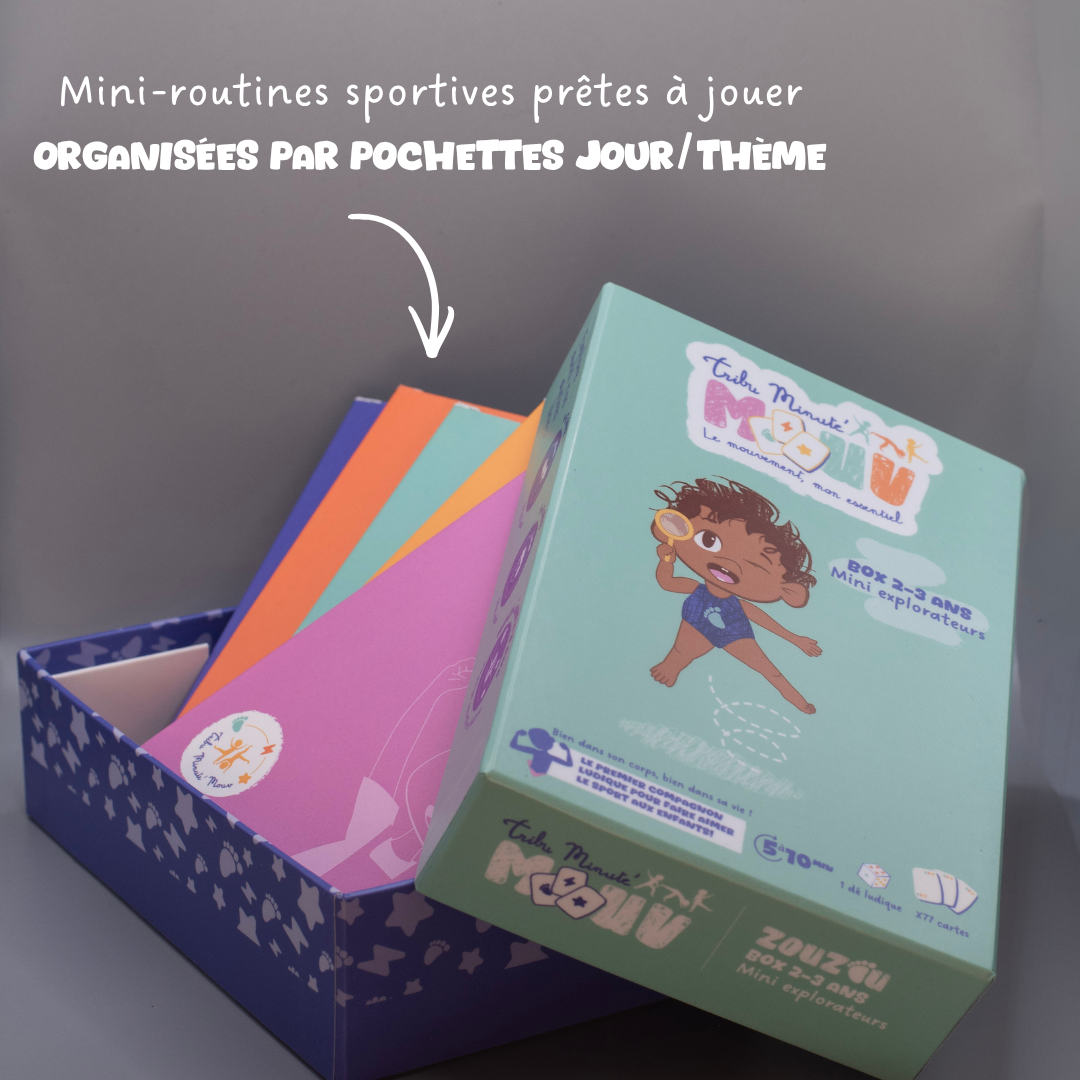 Box Tribu Minute’Mouv 2-3 ans avec mini-routines sportives enfants organisées par pochettes thématiques pour activité physique sans écran en famille