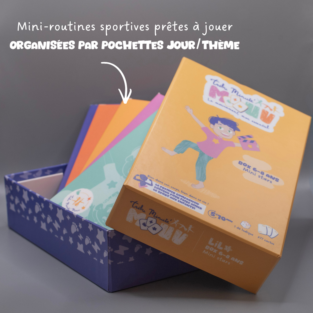Box Tribu Minute’Mouv 6-7-8 ans avec mini-routines sportives enfants organisées par pochettes thématiques pour activité physique sans écran en famille