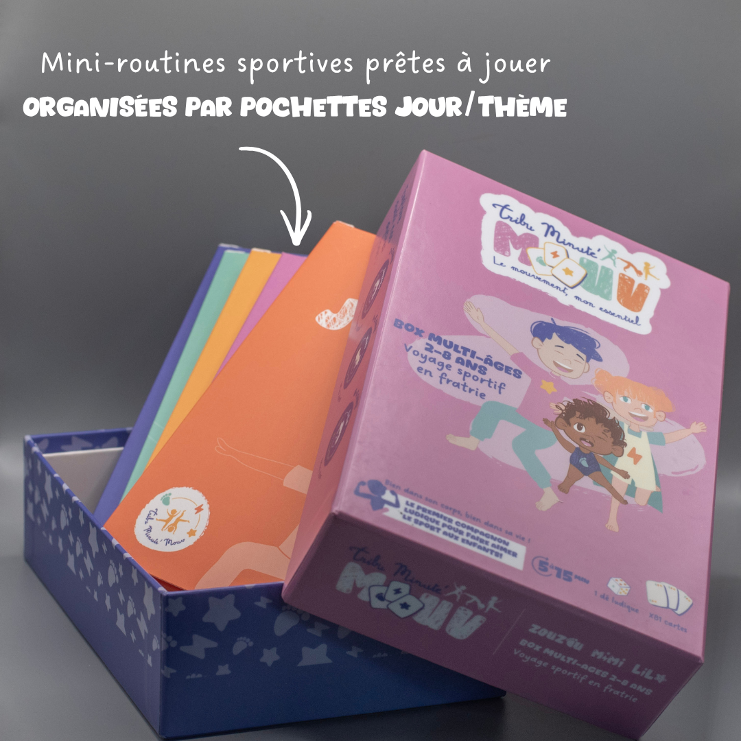 Box Tribu Minute’Mouv 2-8 ans avec mini-routines sportives enfants organisées par pochettes thématiques pour activité physique sans écran en famille