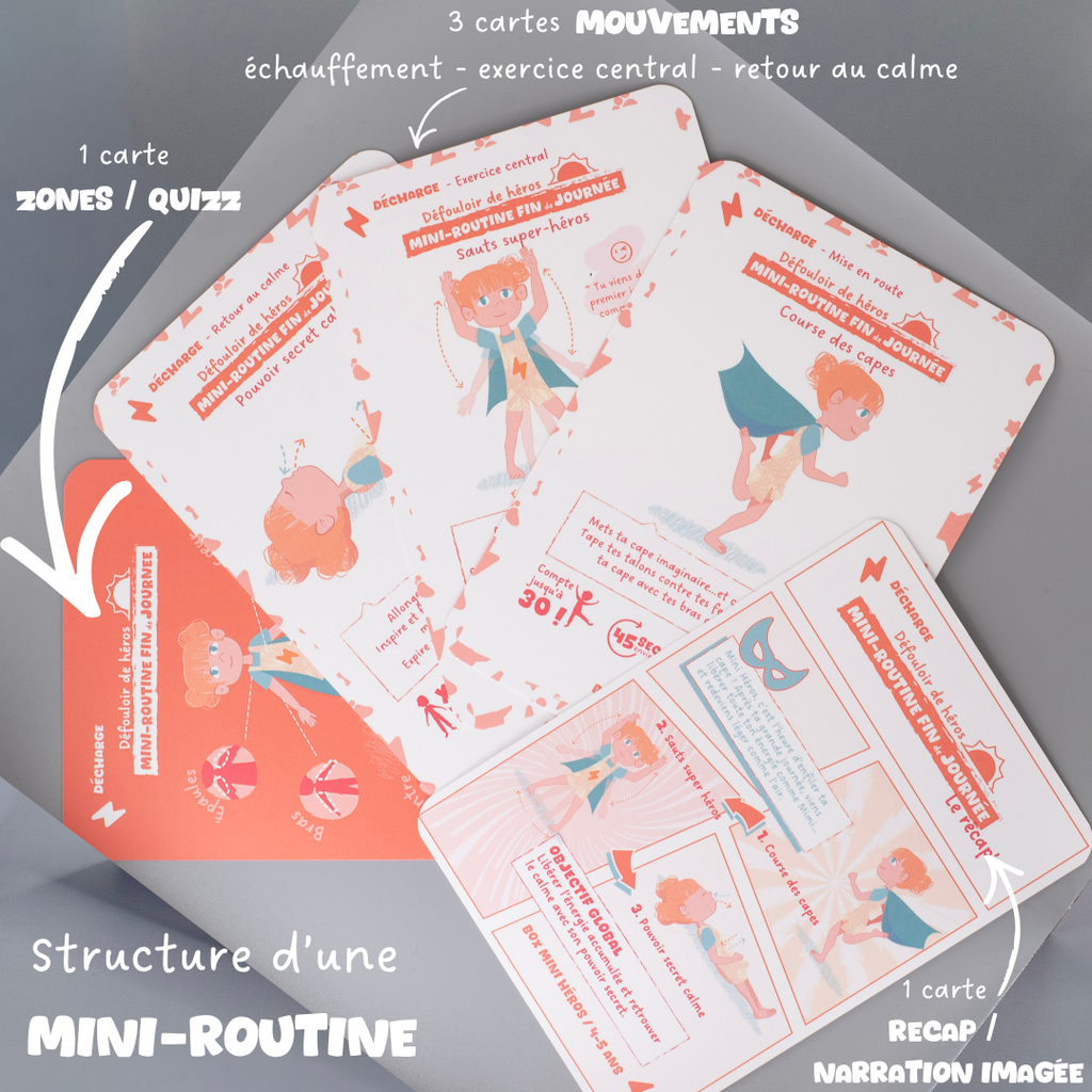 Cartes routines sportives enfant 4-5 ans Tribu Minute’Mouv mini-routine fin de journée décharge d'énergie avec échauffement exercice central et retour au calme sans écran
