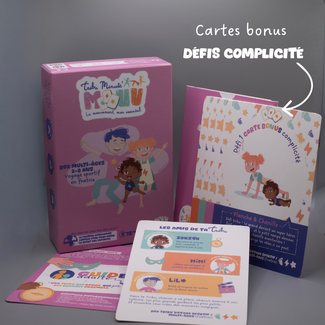 Cartes bonus défis complicité parent enfant Tribu Minute’Mouv jeu sans écran 2-8 ans pour activité physique ludique en famille