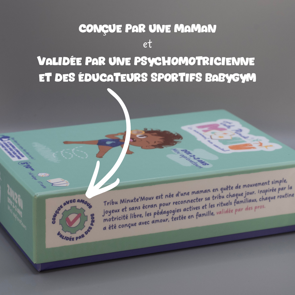 Jeu sportif enfant sans écran conçu par une maman validé par psychomotricienne et éducateurs sportifs Tribu Minute’Mouv