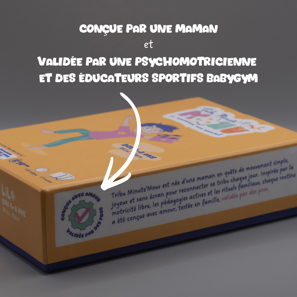 Jeu enfant sans écran conçu par une maman validé par psychomotricienne et éducateurs sportifs Tribu Minute’Mouv sport