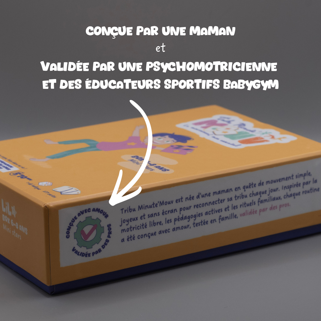 Jeu enfant sans écran conçu par une maman validé par psychomotricienne et éducateurs sportifs Tribu Minute’Mouv sport